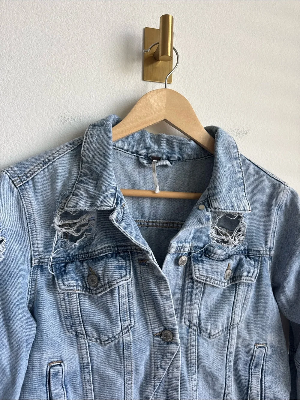 Free People Rumors Distressed Denim Jacket Light Wash Medium